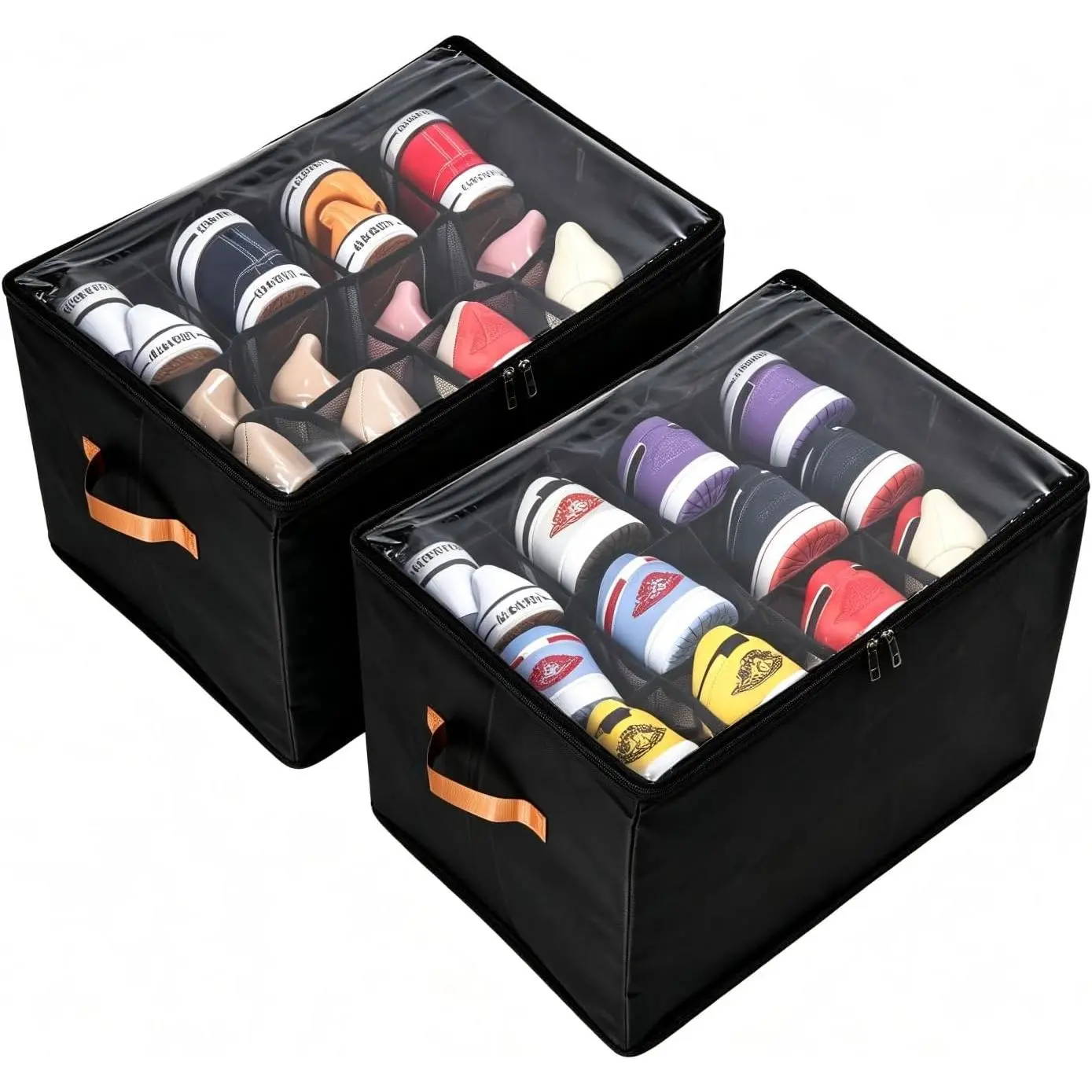 Shoe Organizer for Closet, 2 Pack Foldable Shoe Storage Containers, Fits up to 16-32 Pairs, Shoe Storage Organizer Box Cubby Baskets Bins with Clear Cover and Reinforced Handles, Black
