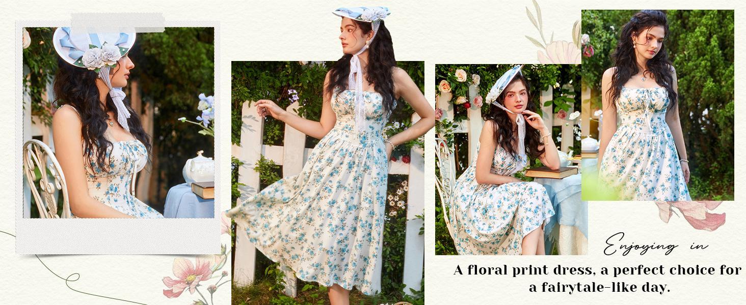 【Mother's Day Gift】 Grace Karin Women's Floral Midi Dress Corset Sundresses 2026 Summer Spring Vacation Milkmaid Dresses