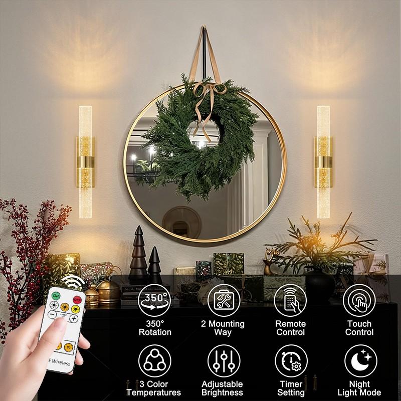 2-Pack LED Wall Lights, -Gold Modern Crystal Wall Sconces, Rechargeable with Remote, Adjustable Brightness, for Living Room, Hotel Corridor