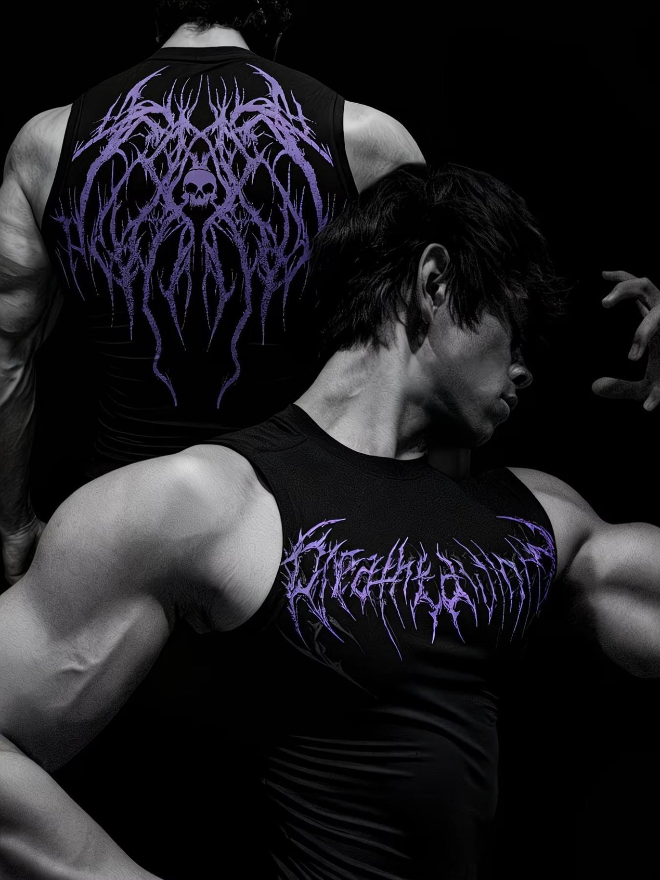 Dark Personality Print Tight Fit Sleeveless T-Shirt, Quick-Dry Elastic Gym Training Top, European Style Muscle Show Sport Vest