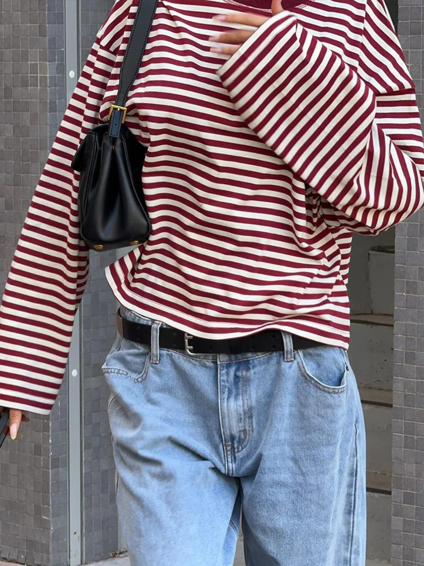 Women's Casual Loose-Fit Striped Long Sleeve Oversized Top, Trendy Street Style Round Neck Pullover Womenswear