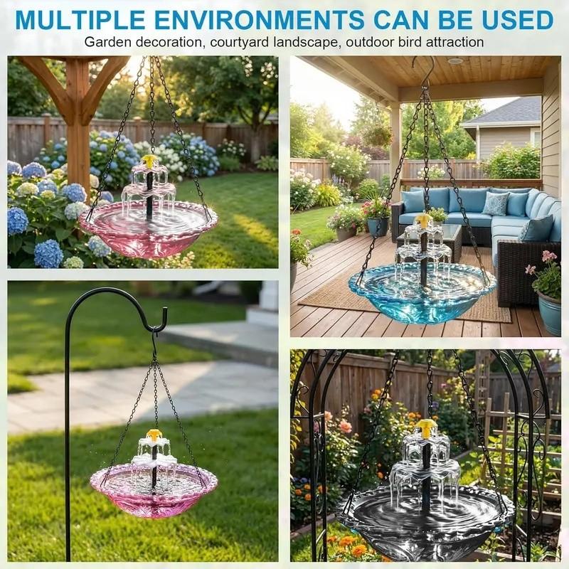 2026 Solar Cascade Hanging Bird Bath Fountain, a three-tier outdoor water feature for hummingbirds, easy to clean, Easy installation, with a 9.3-inch glass basin, equipped with a solar pump, attracting wild birds to the garden and terrace