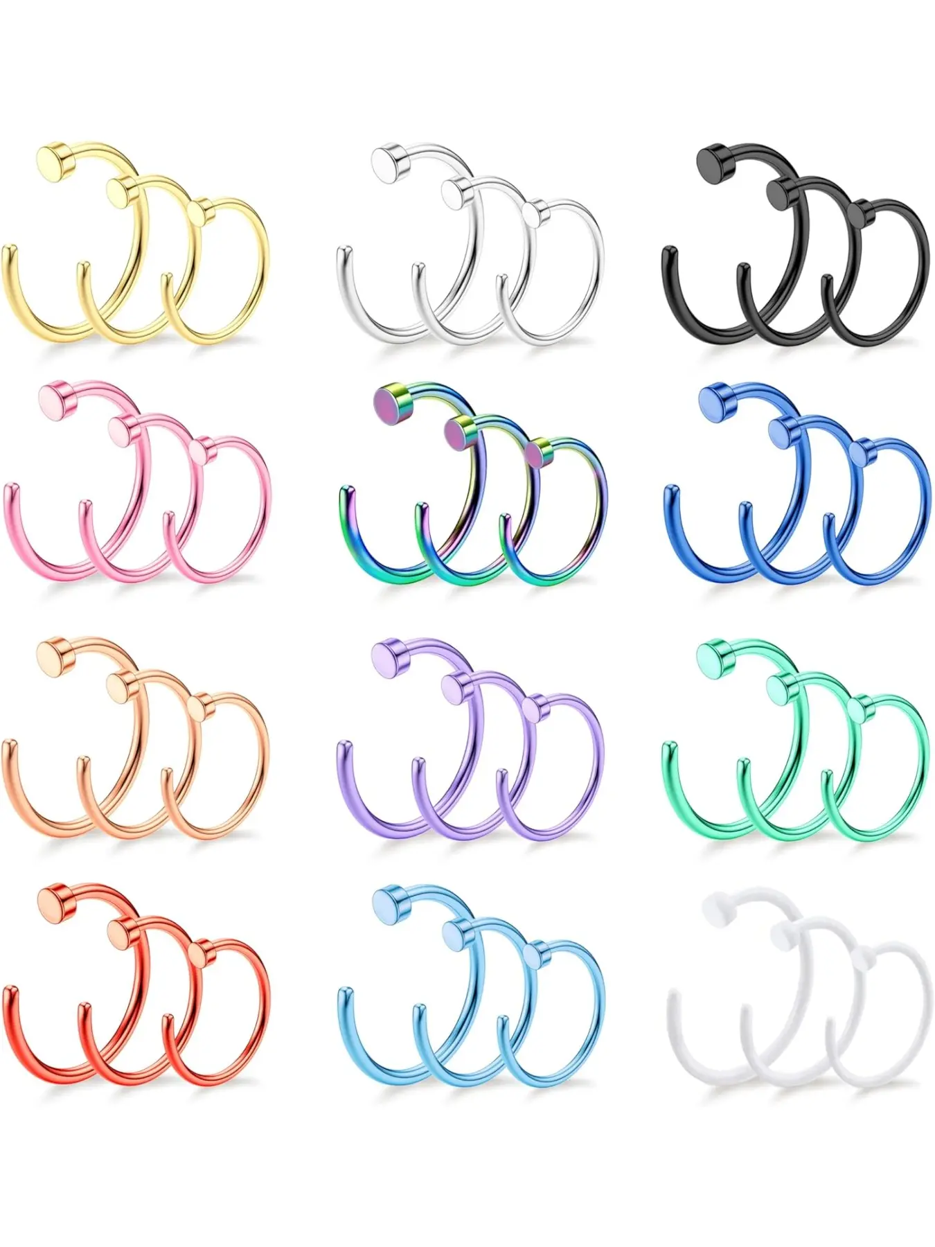 18/20/22G 36PCS 316L Stainless Steel Nose Rings Hoops Nose Piercing Jewelry for Women Men Colored Hoop Nose Ring 6mm 8mm 10mm 12mm Nose Rings Set