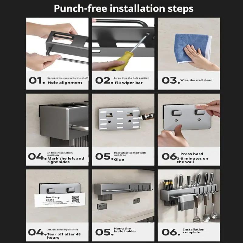 Multi-functional Wall-Mounted Kitchen Storage Rack, Kitchenware - Heavy-duty Carbon Steel Knife Holder, Japanese Knife Storage Rack, No-Drill Installation, Suitable for Storing Knives, Cutlery, and Cutting Boards in Homes and Restaurants, Space-Saving