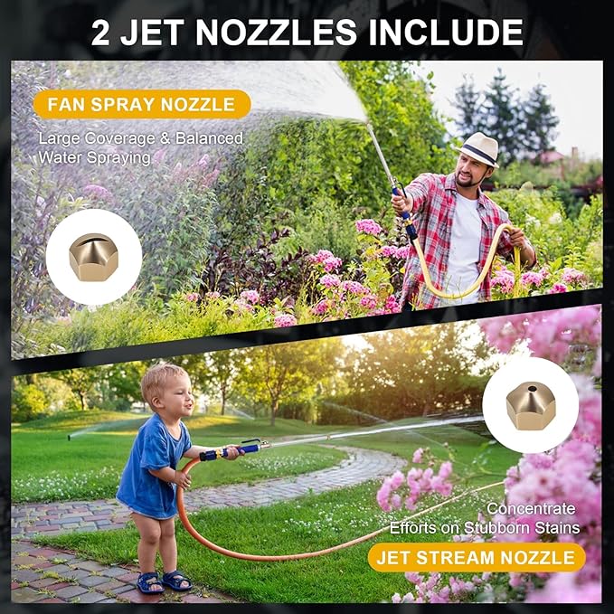 High Pressure Jet Hose Nozzle, Power Washer Wand with 2 Nozzles, Leak-Proof for Car Wash, Gutter, Pets & Window Cleaning