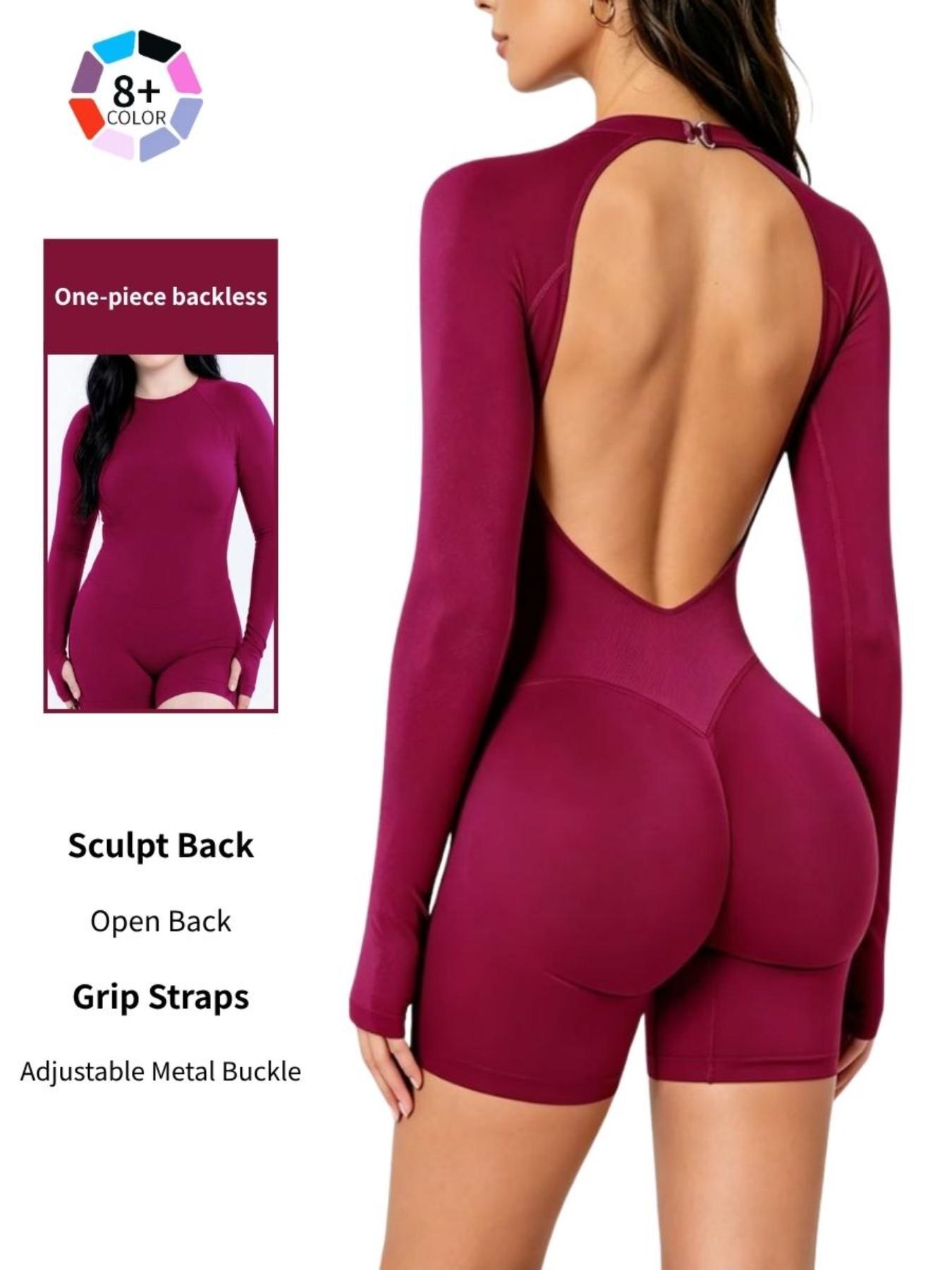 Women's All-Season Long Sleeve Backless Workout Jumpsuit, Tummy Control & Butt Lifting, Stretchy Slim Fit Gym Bodysuit for Pilates & Running, Backless Activewear