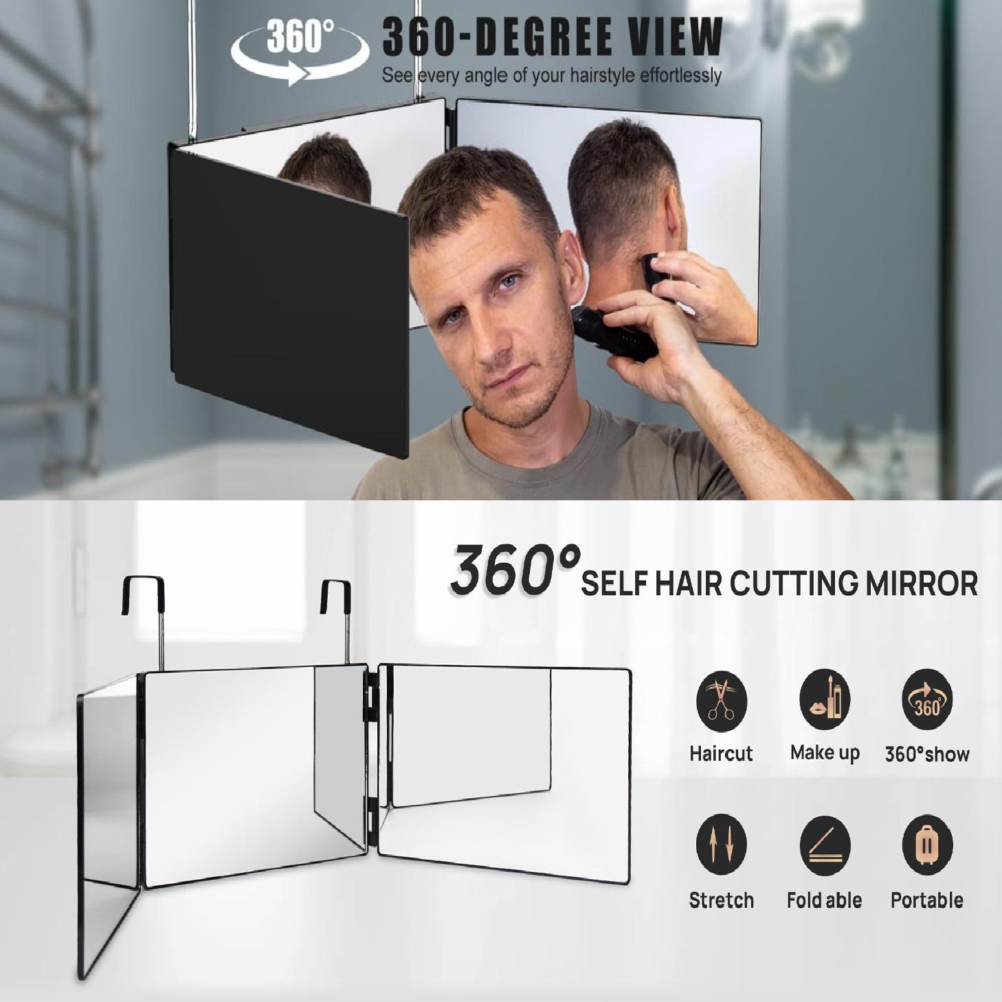 360° Trifold Mirror for Personal Self Haircut, Height-Adjustable, Anti-Fog, Portable & Durable