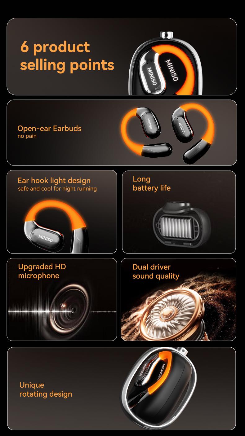 MINISO MS183 Bluetooth Wirelss Earphones High-Value Earbuds 360° Rote Fashion Luminous Open Headset HIFI Sound Quality Long Battery Life for Games Headphones Compatible with iOS / Android Phones