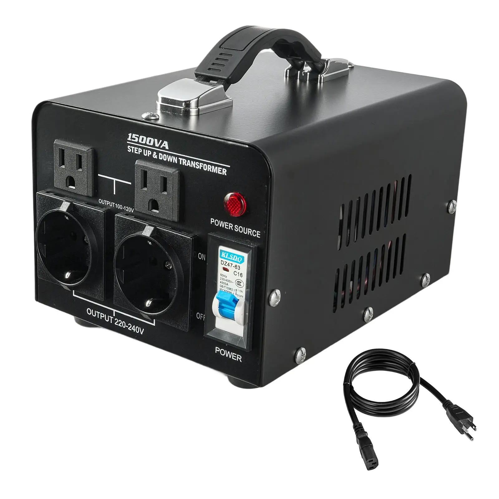 Voltage Converter Transformer, 1500VA, Heavy Duty Step Up/Down Power Transformer, Convert from 110V to 220V and 220V to 110V, with US Outlets, EU Outlets, Power Cord, Circuit Breaker Protection