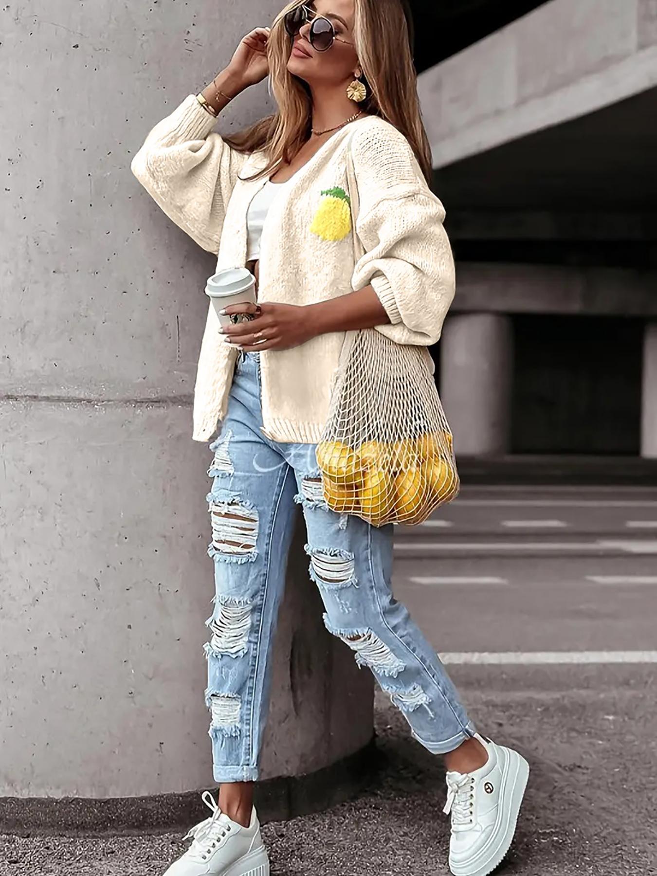 Autumn Winter V Neck Knit Cardigan, Fashionable Lemon Pattern Design, Loose Casual Style, Elegant Women's Sweater Top, Knitwear, Fit