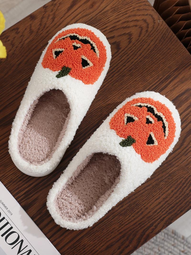 Women's Cartoon Pumpkin Pattern White Slippers, Casual Soft Comfortable Home Slippers, Warm Lightweight Slipper for Indoor & Outdoor Useas Birthday Gifts Halloween, Girl, Footwear
