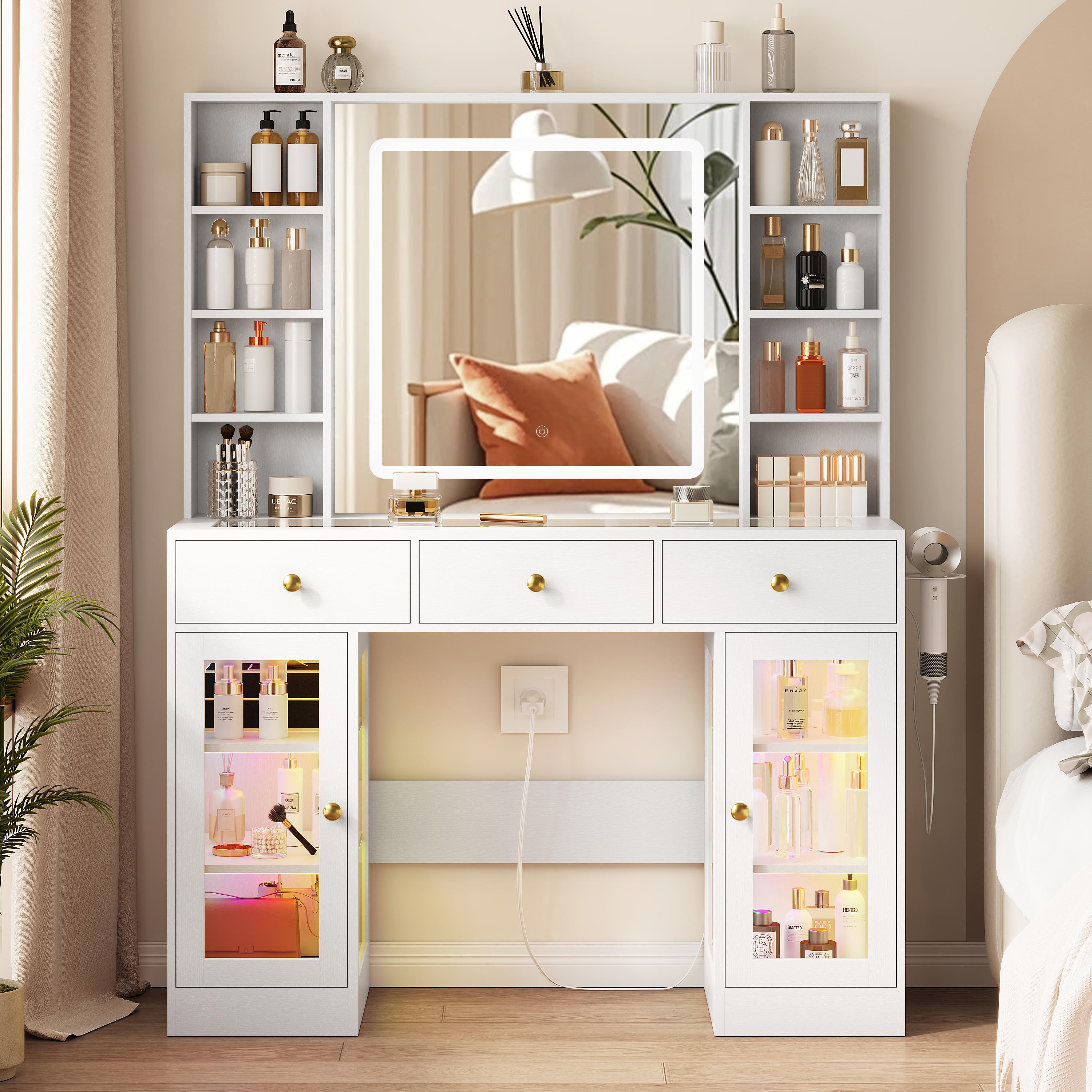 Led Light White Vanity Desk with Mirror and Lights, Glass Top Vanity with Lighted Mirror & RGB Cabinet and 3 Drawers, Dressing Table with 8 Shelves, Modern makeup vanity，Makeup Desk with Lights for Girls Bedroom,
