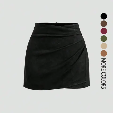 Women's Faux Suede Mini Skirt with Pleated Waist, Ruched Waist Detail, Slimming and Flattering Fit, Suitable for Office, Casual Wear, and Dates