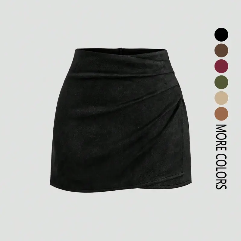 Women's Faux Suede Mini Skirt with Pleated Waist, Ruched Waist Detail, Slimming and Flattering Fit, Suitable for Office, Casual Wear, and Dates