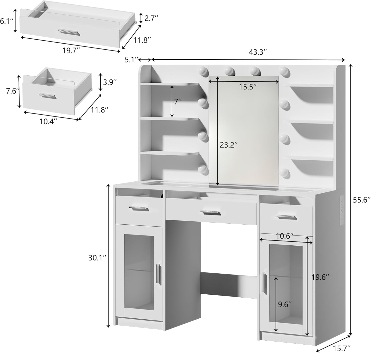 Vanity Desk, Makeup Vanity Desk with Mirror and Lights 3 Colors, Transparent Top with 3 RGB Drawers, 6 Shelves, 2 Large Tempered Cabinets, Power Outlet, for Bedroom, White