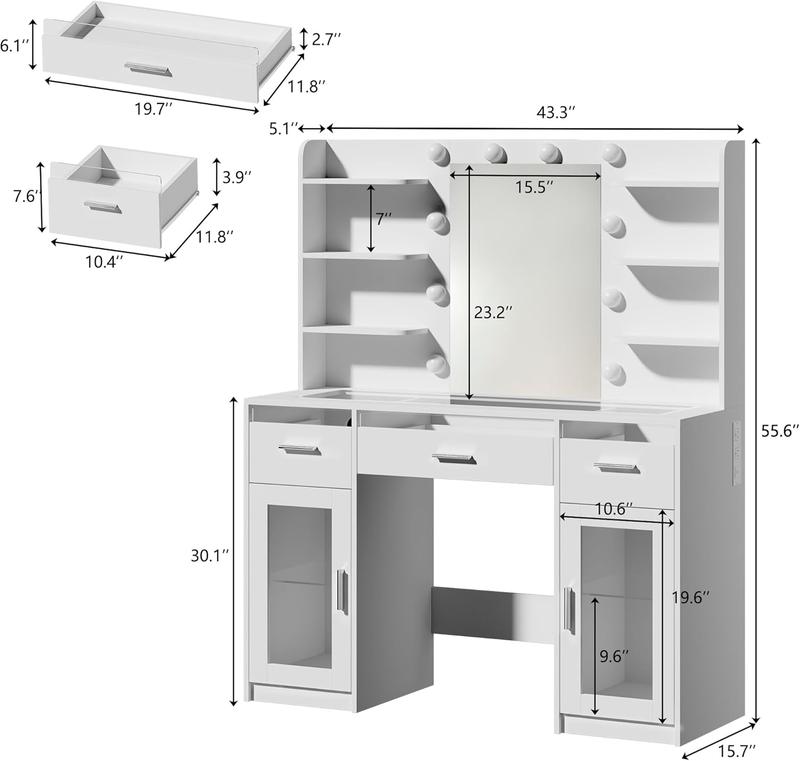 Vanity Desk, Makeup Vanity Desk with Mirror and Lights 3 Colors, Transparent Top with 3 RGB Drawers, 6 Shelves, 2 Large Tempered Cabinets, Power Outlet, for Bedroom, White Vanity Desk, Makeup Vanity Desk with Mirror and Lights 3 Colors, Transparent Top with 3 RGB Drawers, 6 Shelves, 2 Large Tempered Cabinets, Power Outlet, for Bedroom, White