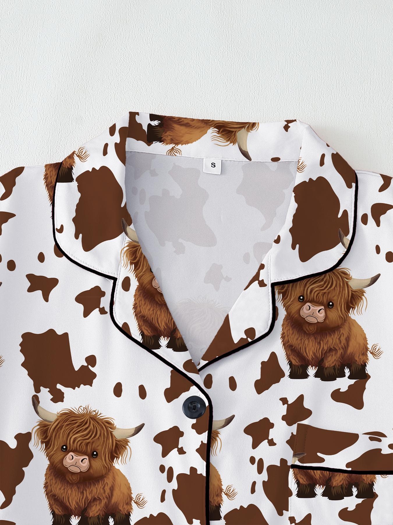 Valentine's Day Women's Sleepwear Pajama Loungewear Set, Comfortable Cute Elastic Highland Cow Milk Cow Pattern Shirt and Pants Two-Piece Suit