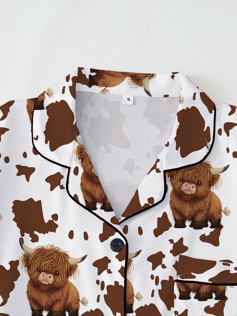 Valentine's Day Women's Sleepwear Set, Comfortable Cute Elastic Highland Cow Milk Cow Pattern Shirt and Pants Two-Piece Suit