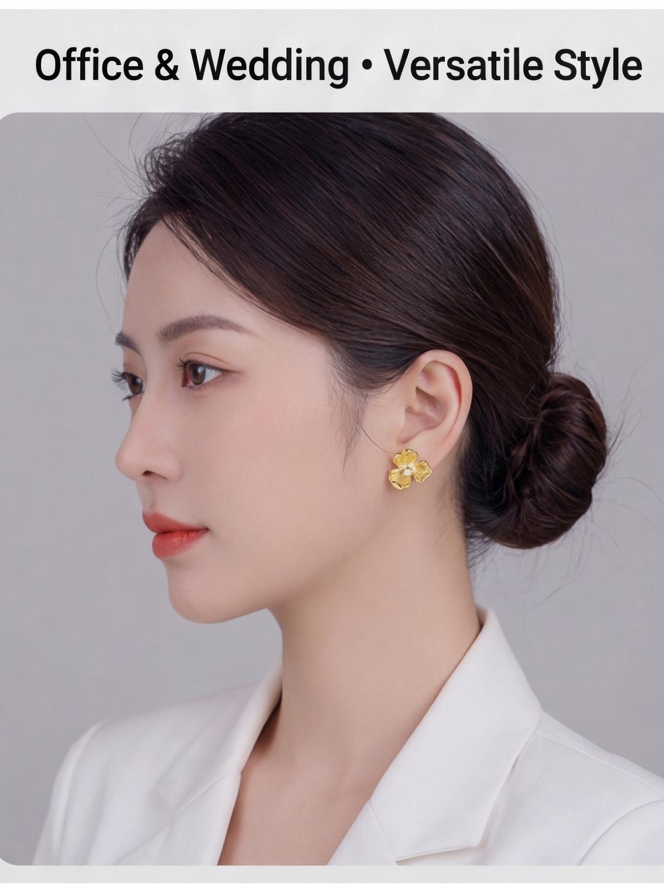 Women's Hypoallergenic Vintage Textured Flower Pearl Stud Earrings, Gold Plated 3 Petal Floral Pearl & Rhinestone Inlaid Dainty Earrings, New Chinese Style Fashion Jewelry for Everyday Wear Office Wedding & Gift
