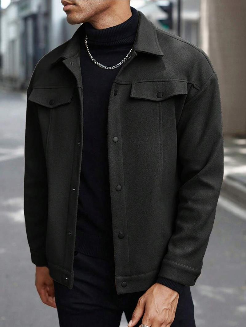 Men's Plain Color Flight Jacket for Autumn and Winter, Classic Stand-up Collar Design with Single-row Button Closure, American Vintage Coat, Back-to- Jacket, Motorcycle Suit. Casual Fashionable Jacket Workwear Jackets