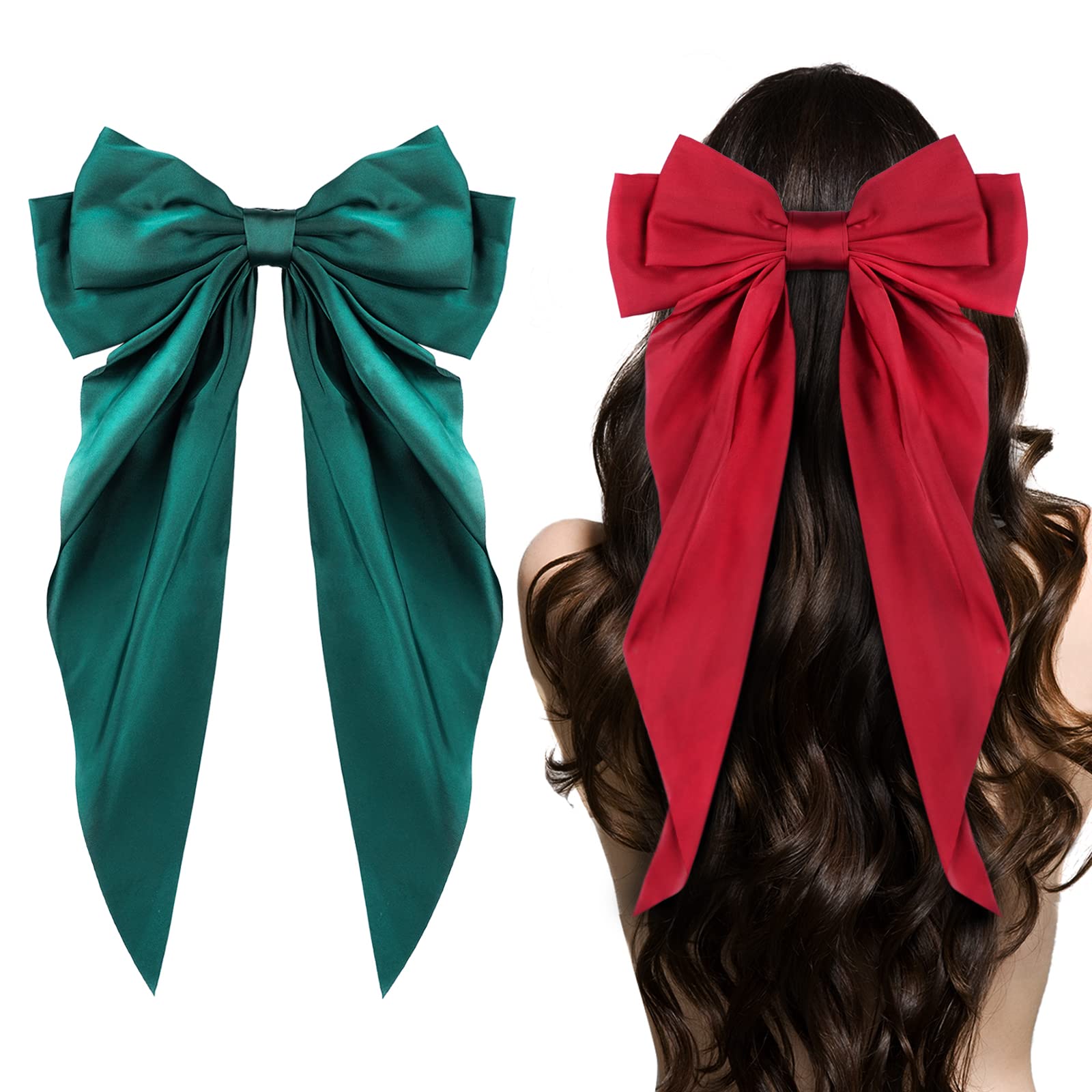 Big Bow Hair Accessories 2pcs - Long Tail French Satin Silky Barrettes for Women and Girls, Black, Burgundy, Red Bows for Birthday, Party, Show, hair clips Fashion