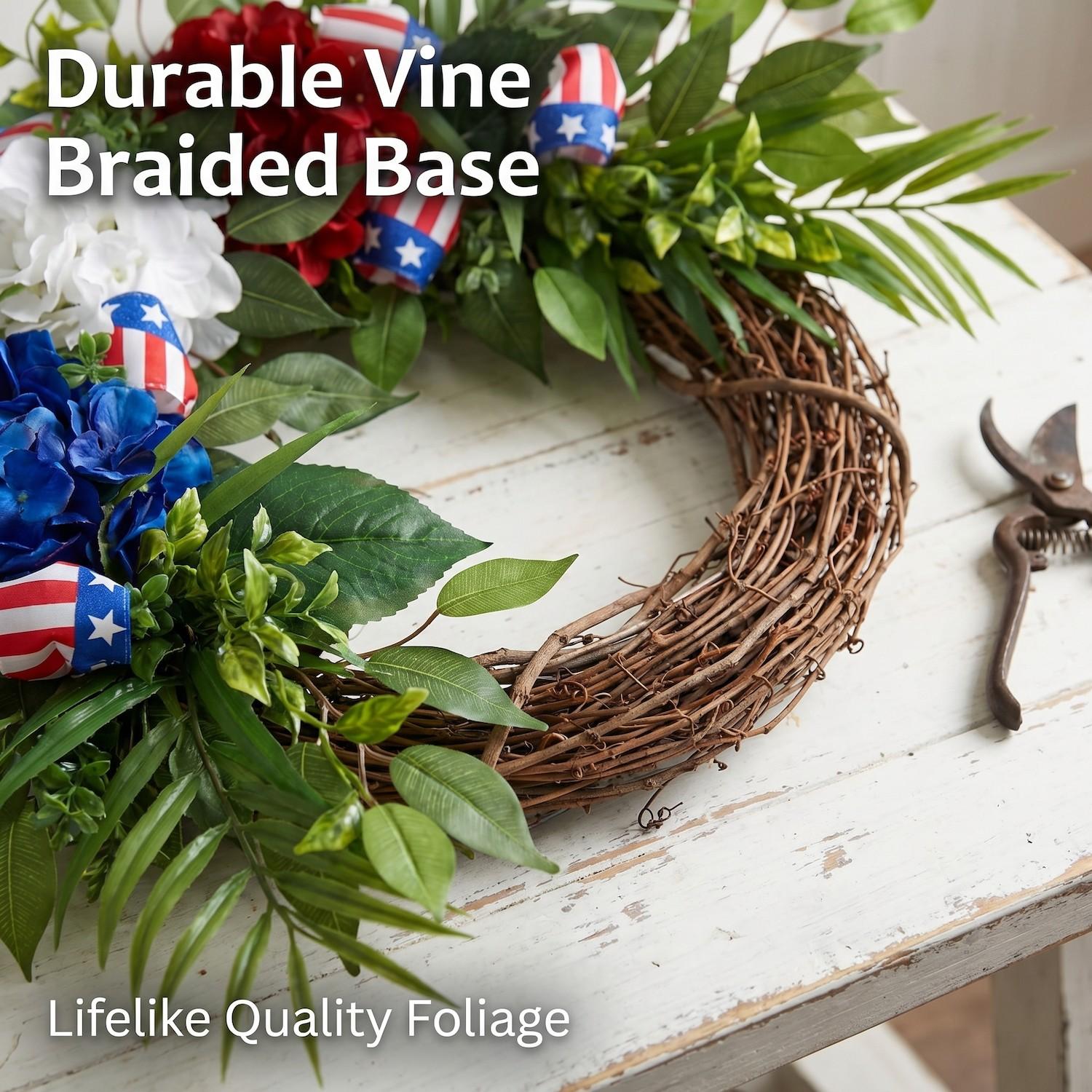 Patriotic Theme Artificial Hydrangea Woven Garland, Blue Hydrangeas with American Flag Design, Rural Cottage Style, Outdoor Decor