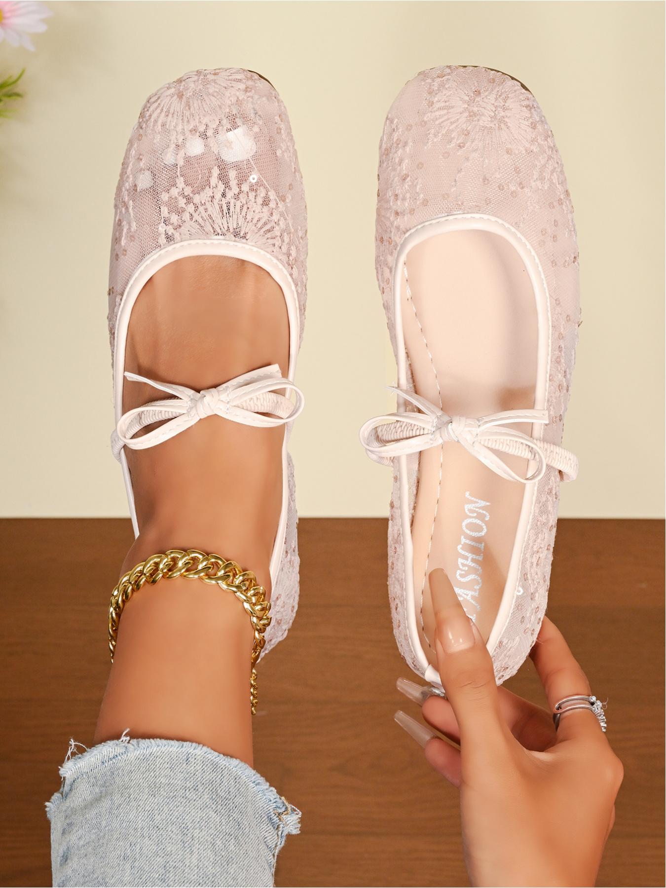 Women's Lace Mesh Mary Jane Flats, Bowknot Ballerina Shoes for Summer, Classic Ballet Flats, Casual Flat Footwear