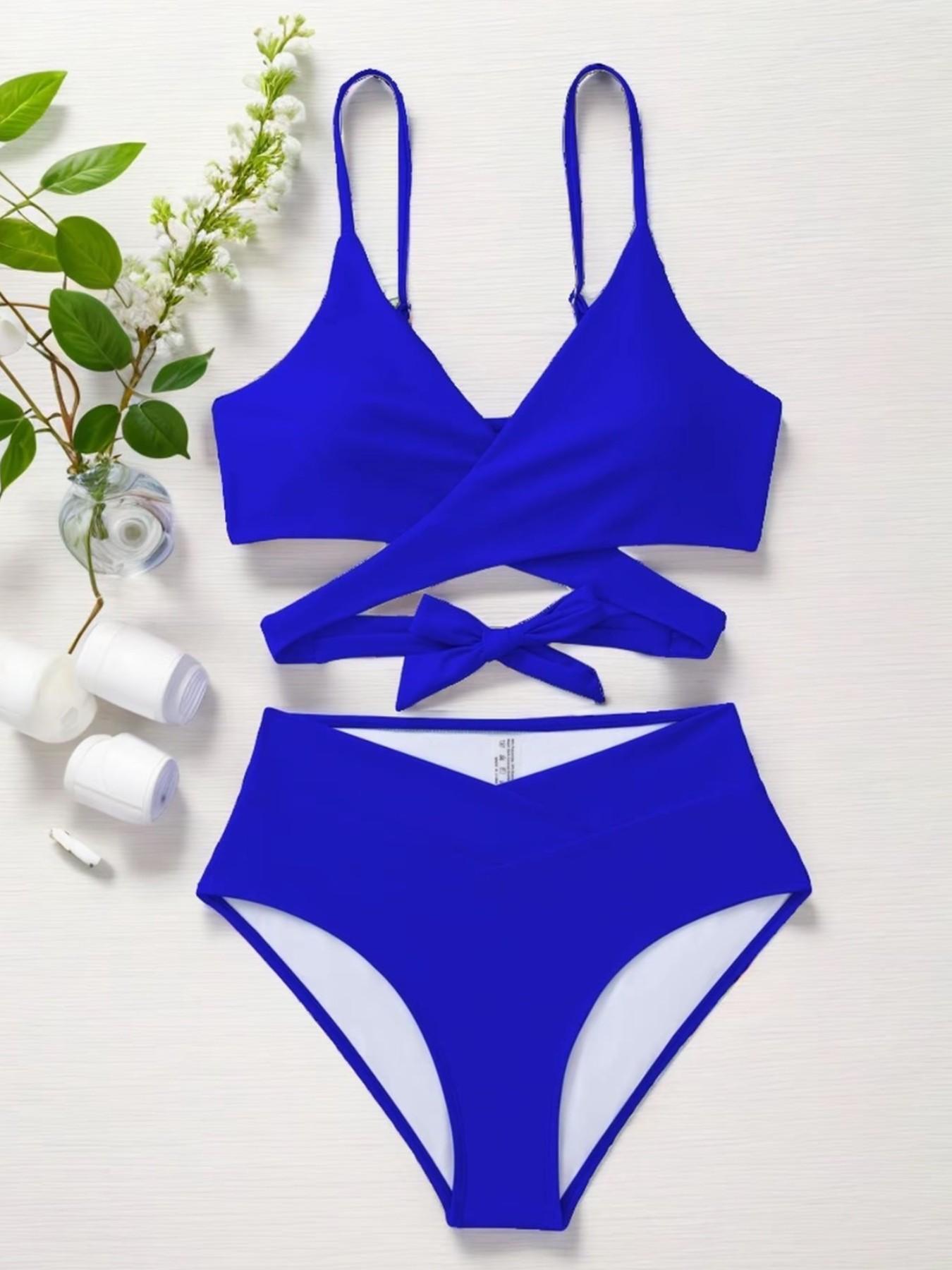 Two-piece Set Women's Solid Criss Cross Tie Back Bra & High Waist Panty Swimsuit Set, Casual Wrap V Neck Swim Top & High Cut Swim Bottom