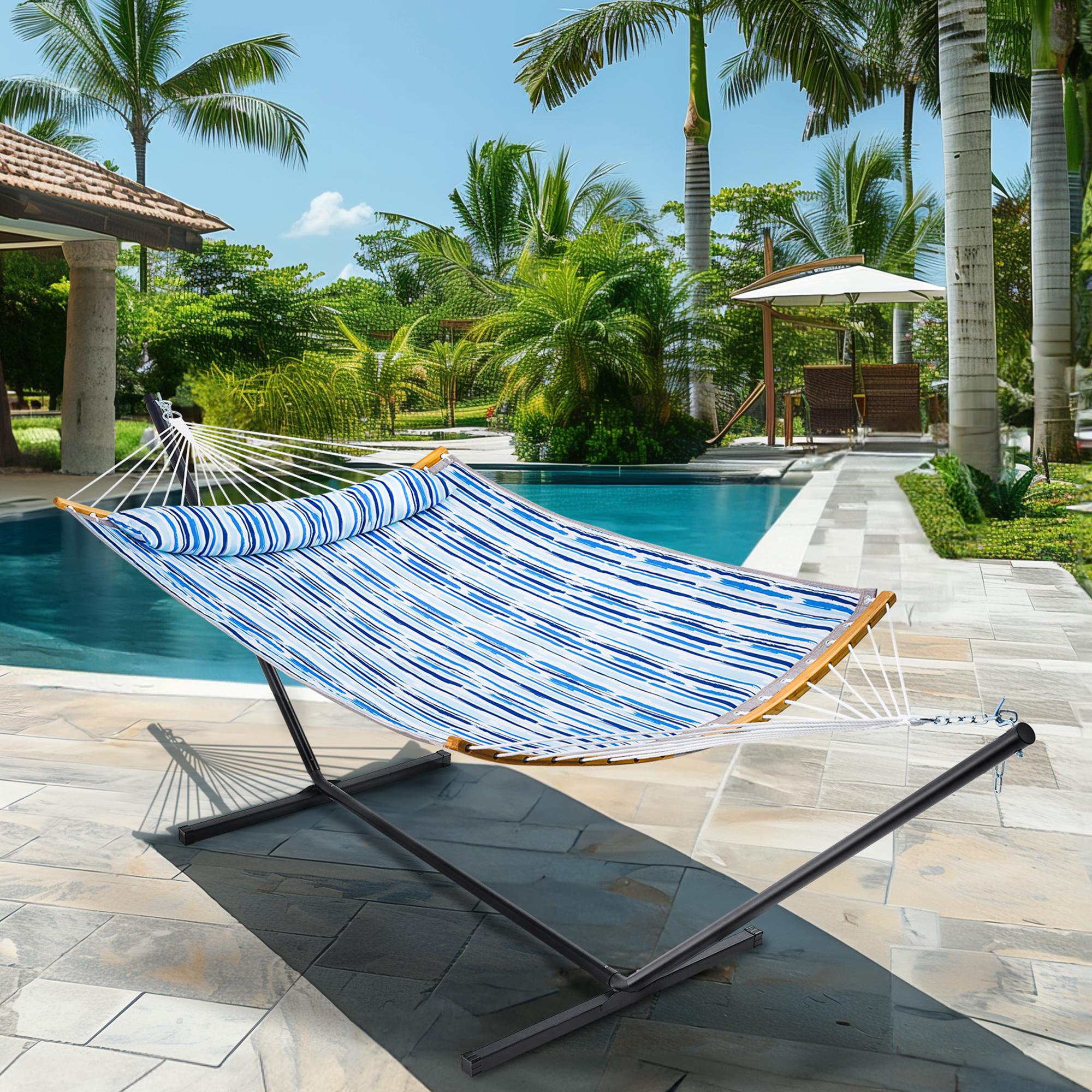 SUPERJARE Hammock with Stand, 2 Person Heavy Duty Hammock with Padded Cotton, Detachable Pillow & Strong Curved-Bar & Portable Carrying Bag, Perfect for Outdoor & Indoor