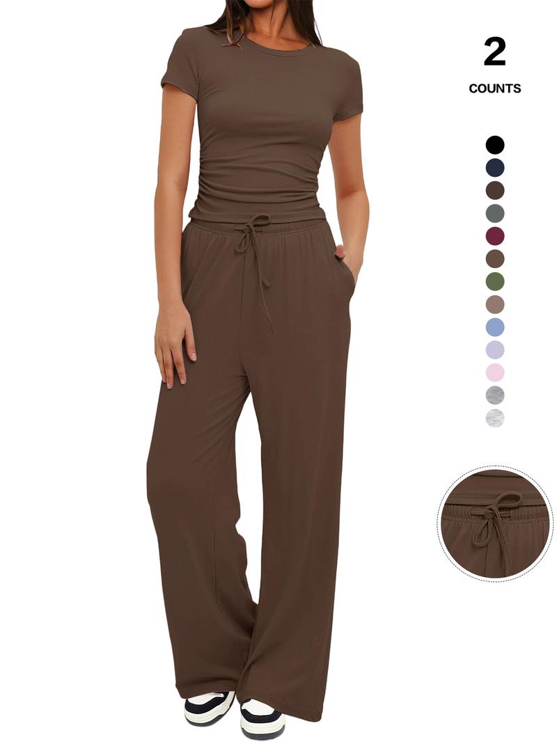 Women's Spring Summer Casual Set, Round Neck Short Sleeve Top & Wide Leg Pants, Slim Fit Home Wear, 2 Piece, Ruched Design, Drawstring