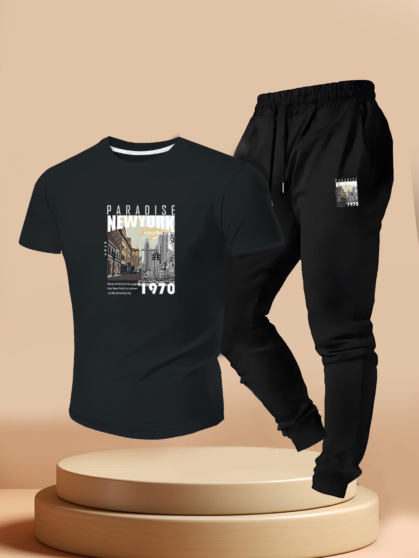 American Vintage New York 1970s Paradise City Print, Men's Short Sleeve Tee + Joggers Set, Summer Urban Style, Slim Fit, Regular Length