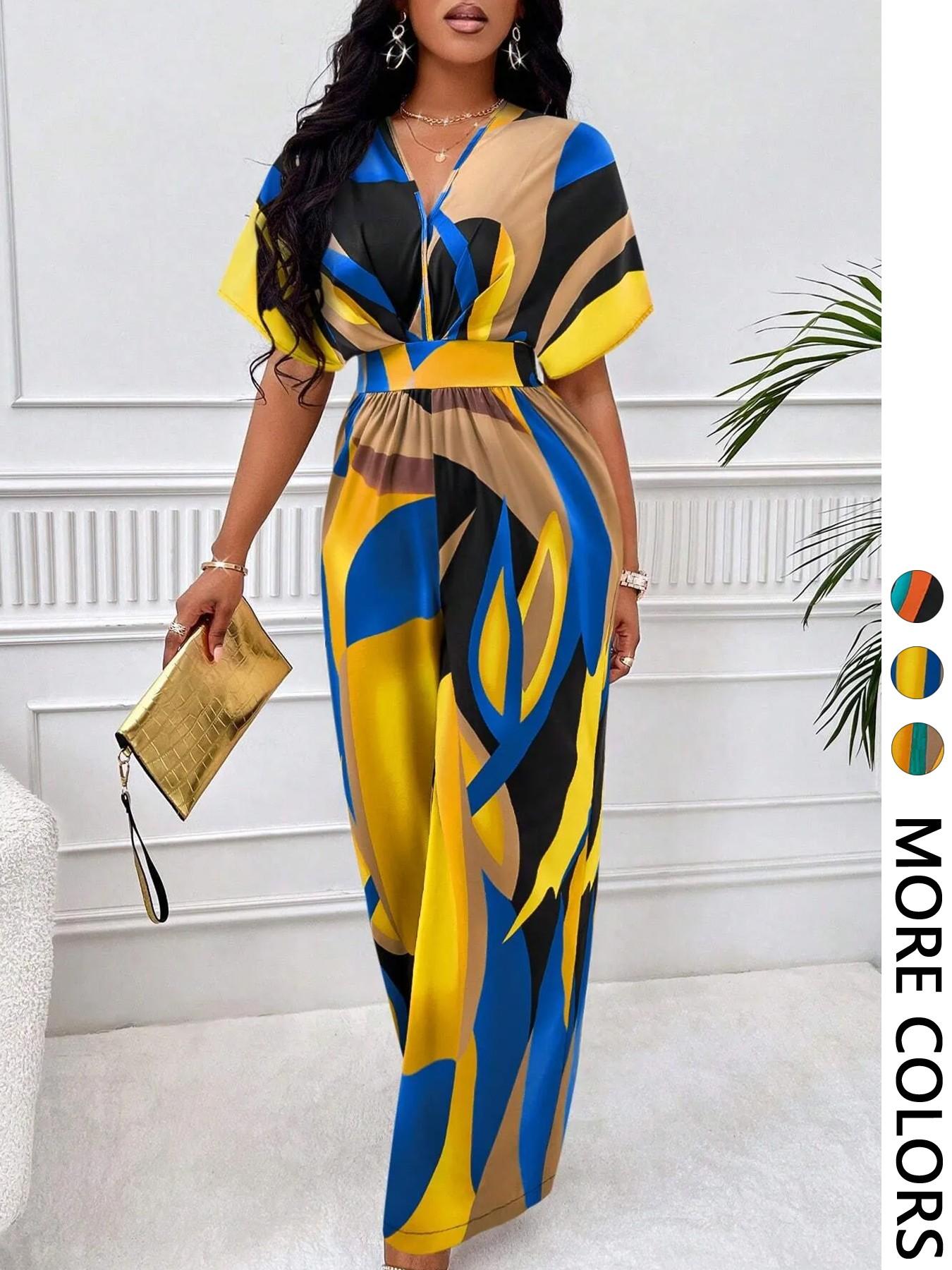 Women's Batwing Sleeve Waist Cinched Jumpsuit V Neck Colorblock Print Wide Leg Non-Elastic Casual Vacation Wear, Summer Fashion Smooth Fabric