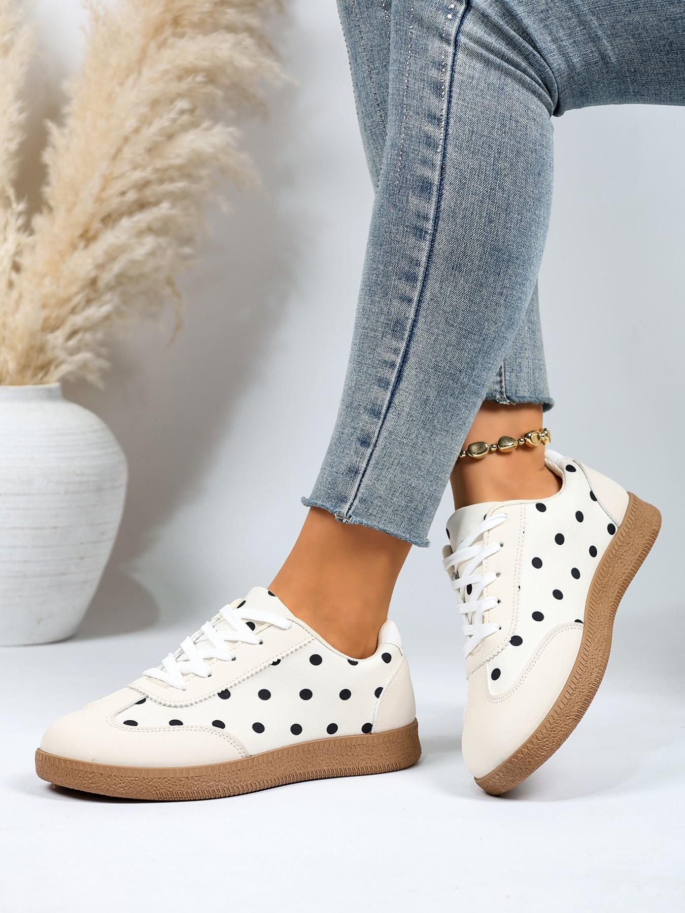 Women's Polka Dot Print Casual Board Shoes, Low Ankle Trainers, Vintage Soft Rubber Sole Lace-Up Athletic Sports Shoes, Everyday Versatile Flat Sneakers, Trending Sneakers, Walking Shoes
