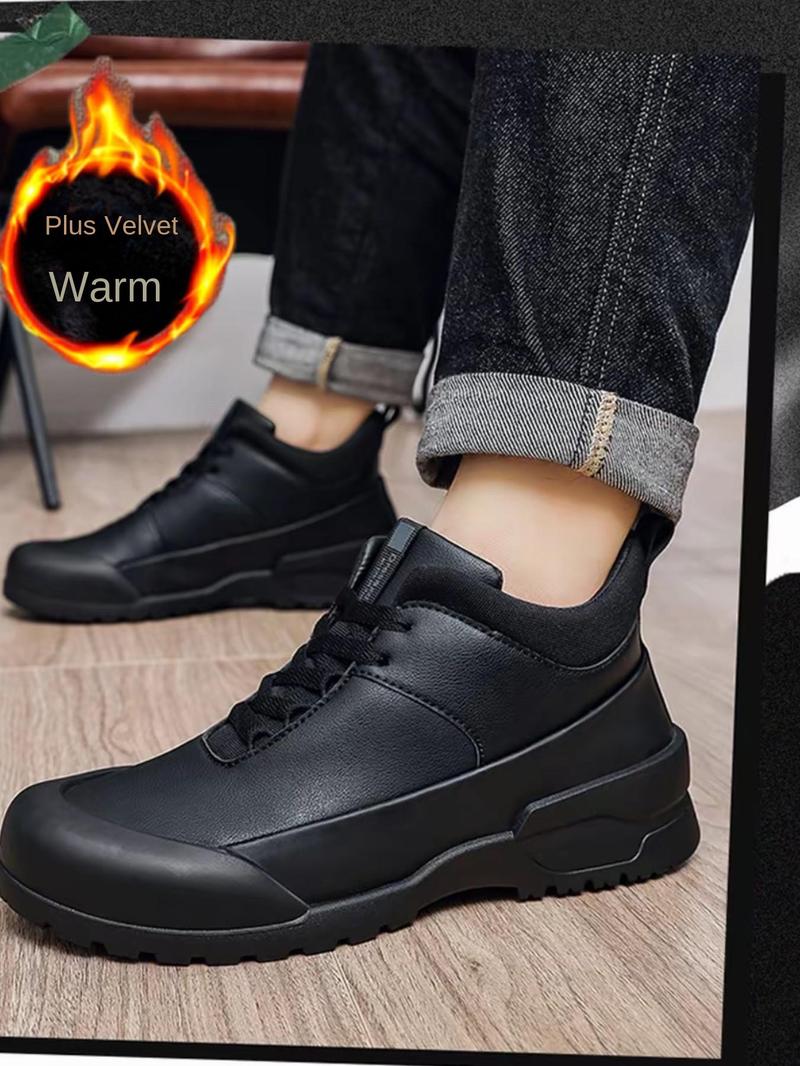 Men's Winter Fleece Lined Leather Shoes, Thick Sole Work Kitchen Boots, Waterproof Non-Slip Chef Shoes, Boots