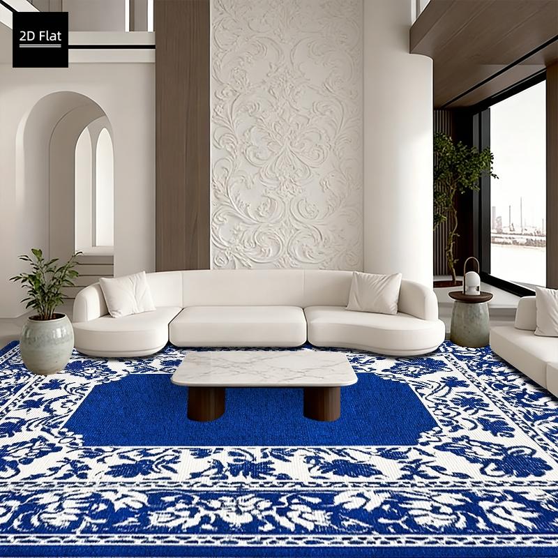 1pc Rectangular Blue Outdoor Rug, Waterproof Sunscreen Non-Slip Back, Velvet Camping RV Patio, Artistic Pattern, Indoor Outdoor Use