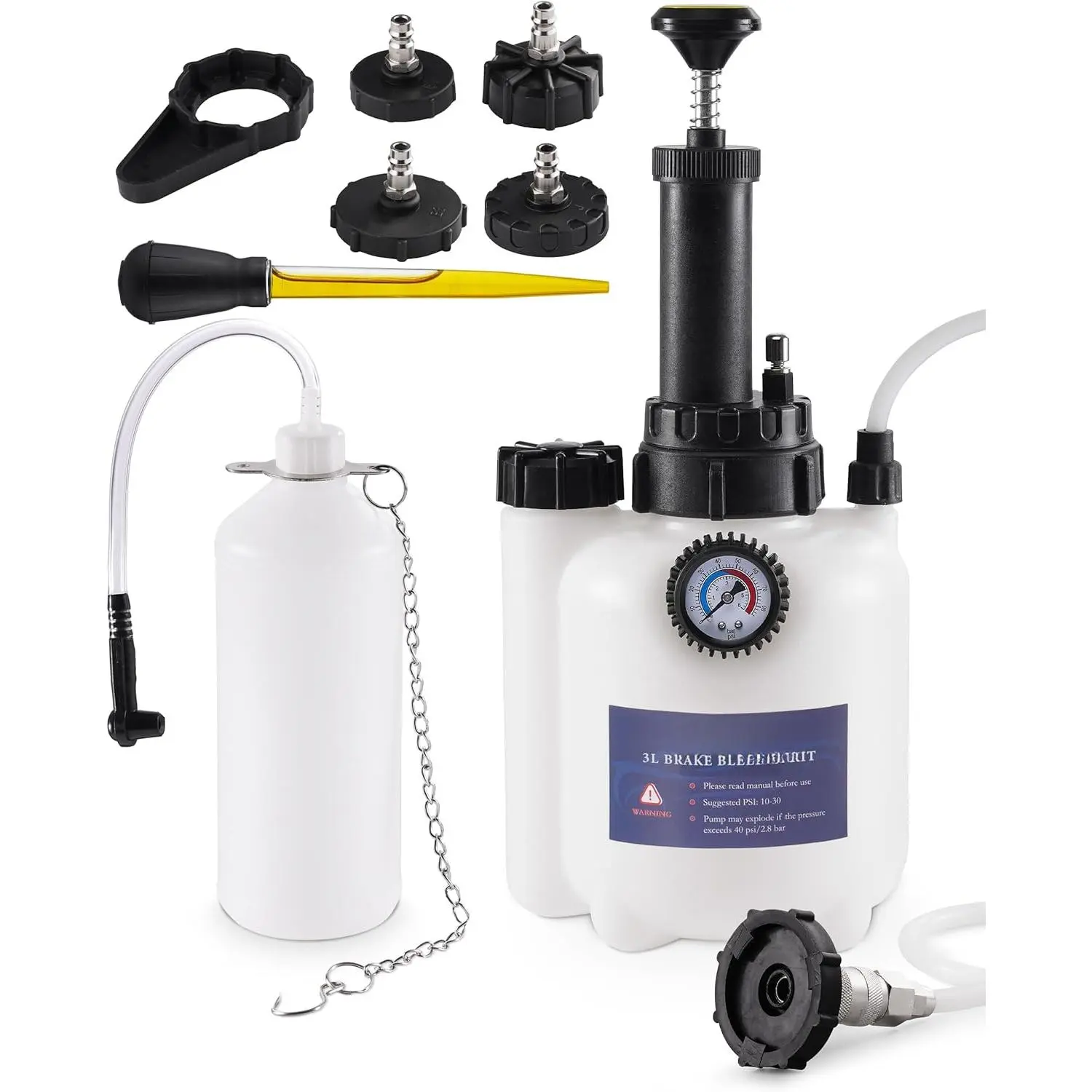 3L Brake Fluid Bleeder Kit w/ 1L Catch Bottle, Pressure Brake Bleeding Tool, Manual Power Bleeder Pump for Flush Brakes and Clutch System, Upgraded Adapters (43.5/45/49.5/50.7mm), White