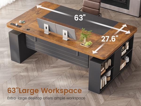 SEDETA 63 Inch Executive Standing Desk Electric Height Adjustable Computer Office Desk with Storage Shelves Power Outlets Privacy Panel