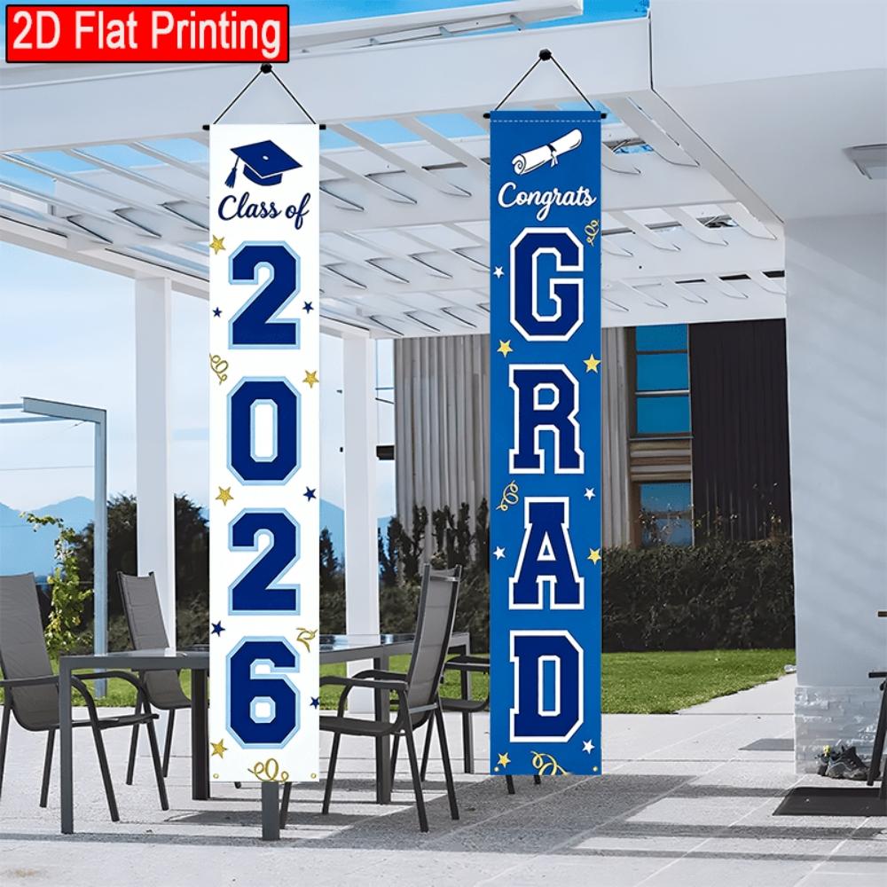 2DFlat2pcs 2026 Class  Graduation Door Banner, Blue and White Color Scheme with Grad Cap, Diploma and Star Elements, Ideal for 2026 Graduation Ceremony, Grad Party, Appreciation Dinner, School Celebration, Also as Porch or Wall Hanging,