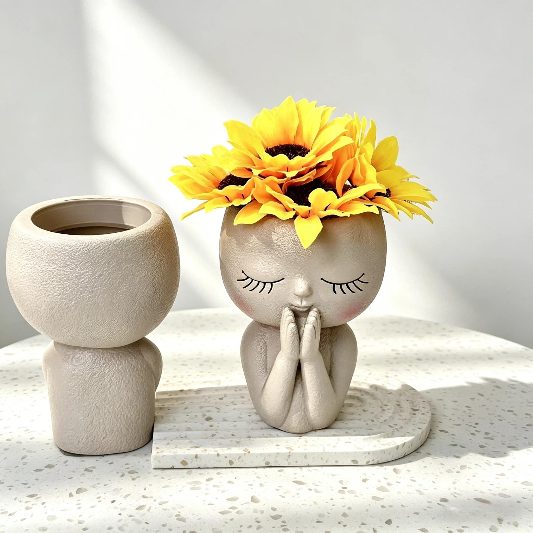 Closed Eyes Girl Vase Resin Decorative Piece, Nordic Style Creative Desktop Floral Decoration, Home Soft Furnishing Essential