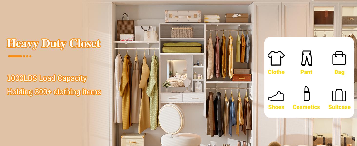 Unikito 8FT Wall Mounted Closet System with Vanity Desk, 96'' Walk In Closet Organizer System with 3 Adjustable Shelves and Hanging Rods, Heavy Duty Wood Clothes Rack, Built-In Garment Rack, White closet  organizer  system Furniture Drawer
