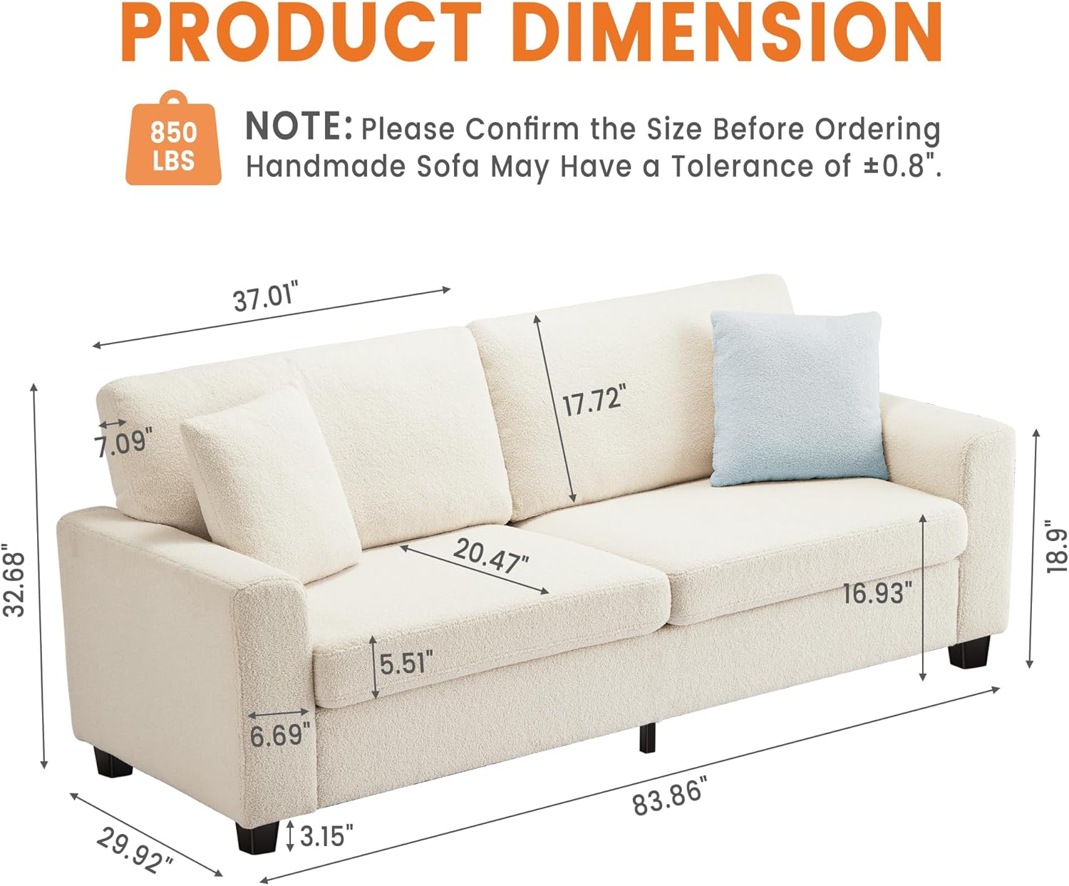 83" Modern 3 Seater Sofa, Deep Seat Sofa with Wide Armrests,Oversized Loveseat with Removable Washable Cover, Plush Cloud Couch for Living Room, Bedroom & Apartment