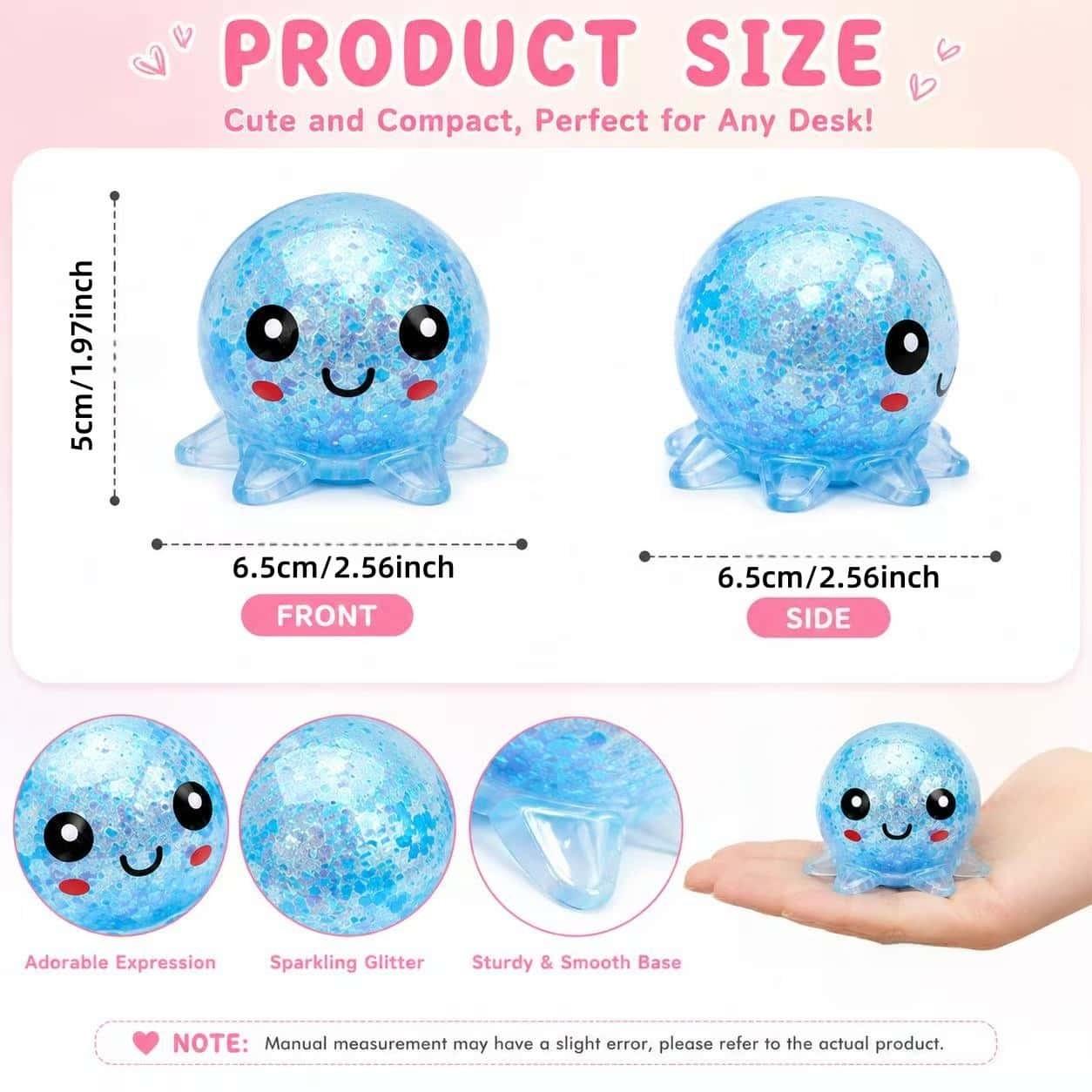 Clear Glitter Octopus Squeeze Toy, Glitter Squishy, Glittery Squishies, Squishy Fun, TPR Maltose Filled Stress Ball, 4 Colors Available Anxiety Relief Fidget Toy for Adults Kids