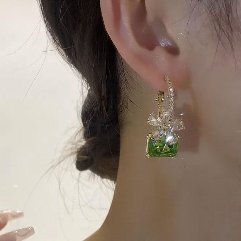 Emerald Green Square Cubic Zirconia Dangle Earrings, Marquise Crystal Floral Drop Hook Earrings, Two-Tone Gold Silver Shiny Luxury Statement Wedding Party Ear Jewelry for Women