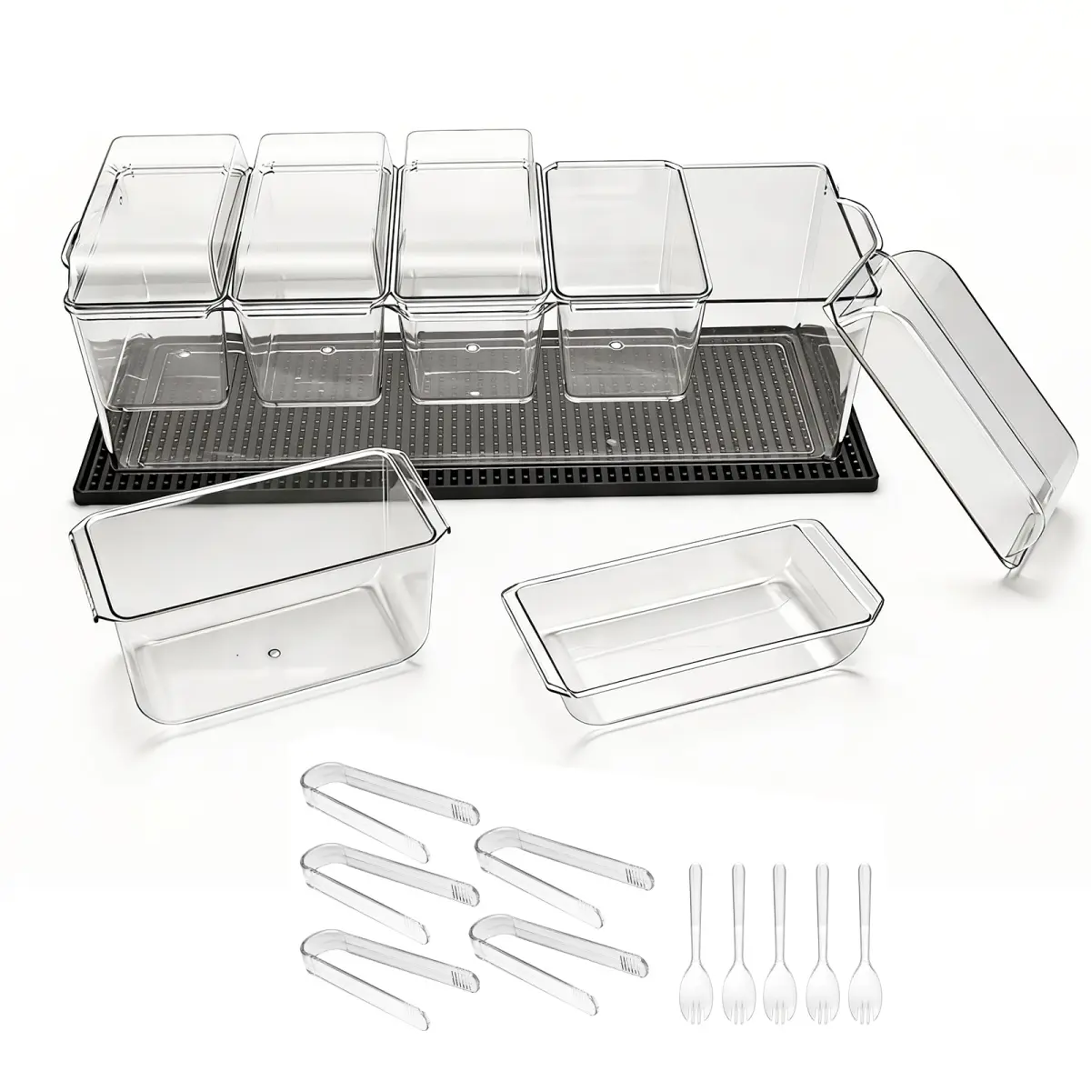Chilled Condiment Server Caddy, 5 Compartment Ice Cooled Serving Container, Plastic Fruit Garnish Tray Platter with Separate Lid, for Taco Salad Bar Accessories, Party Home Restaurant Supplies On-Site