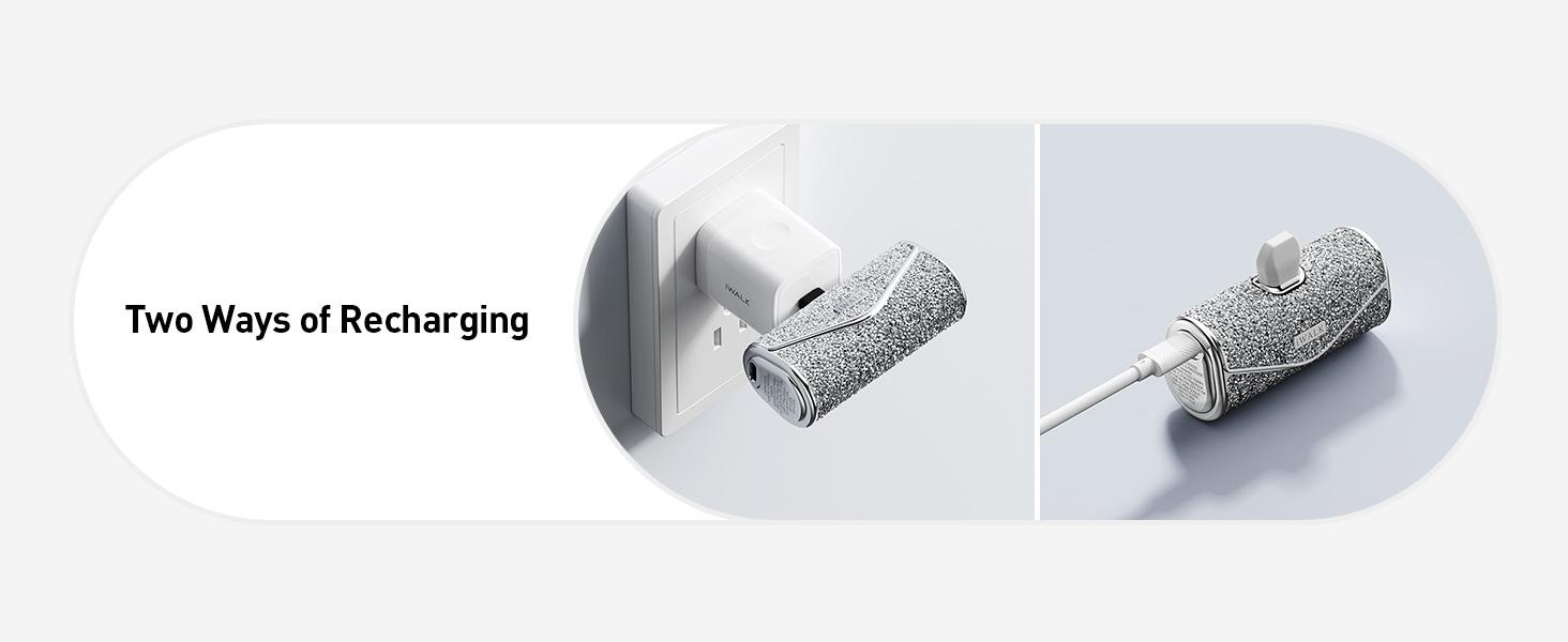 iWALK Upgraded Shiny Portable Charger 5000mAh High Capacity Compact Cordless Power Bank for iPhone 17/16/15 & Android Type-C Smartphones Black 22.5W Max Charging Cable - Chargeable