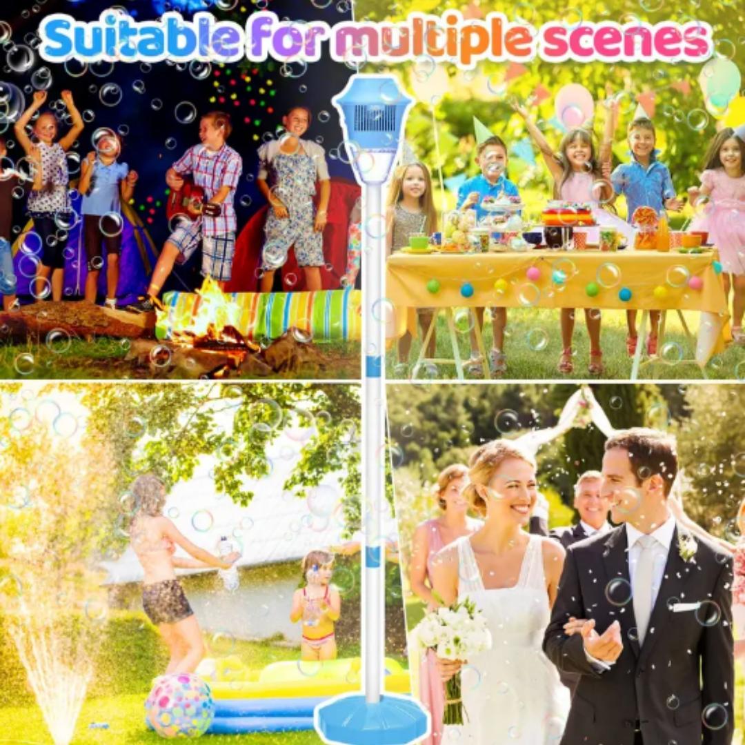 Streetlight Bubble Machine, “Torch” Bubble Machine with Music and Lights—an outdoor children's toy perfect for weddings and parties. Suitable for various occasions. Requires 3 AA batteries (not included). Recommended for ages 3 and up. Comes in a box.