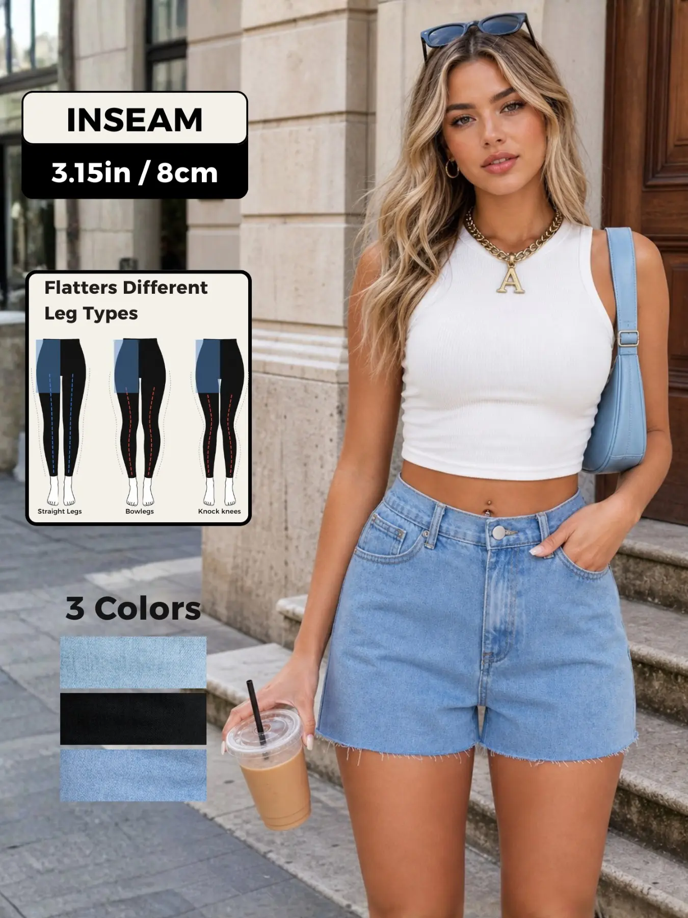 Wd004 Denim Jeans, Light Blue Mid-Waist Short Pants, Fitted Casual Style with Pockets, Plain Surface Design, Button Fly Closure, Fringe