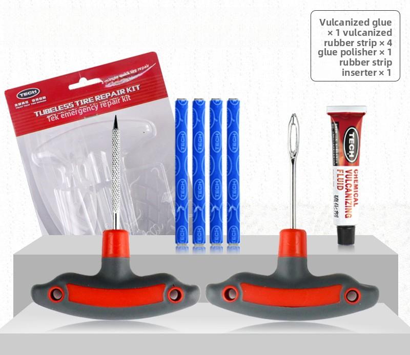 Car Motorcycle Electric Scooter Tubeless Tire Repair Kit with Vulcanizing Strips and Patching Tools
