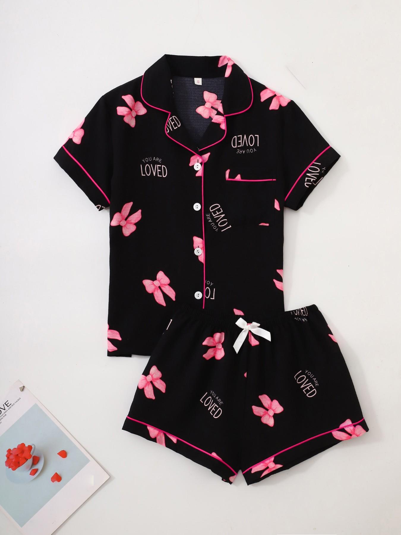 Women's Short Sleeve Button Down Top and Shorts Pajama Set, Spring Summer Wear, For Korean Aesthetic Bloggers, Black Base Pink Bow & LOVED Letter Print, Classic Lapel Collar, Loose H Fit, Comfortable For Home & Daily Wear