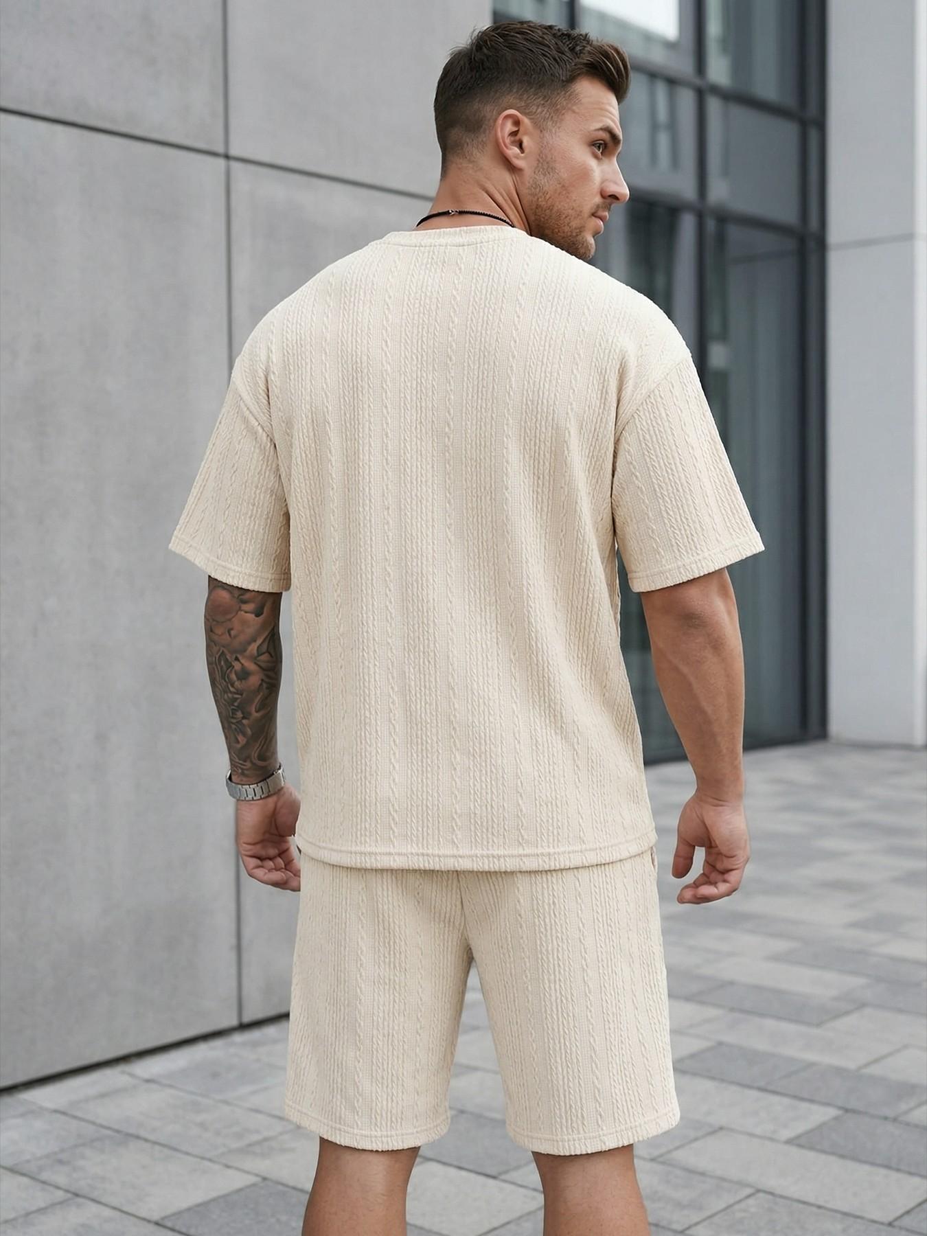 Men's Youth Textured Casual Vacation Outdoor Round Neck Loose Fit T-Shirt + Drawstring Shorts, Short Sleeve, Fitted, Plain, Contrast Binding